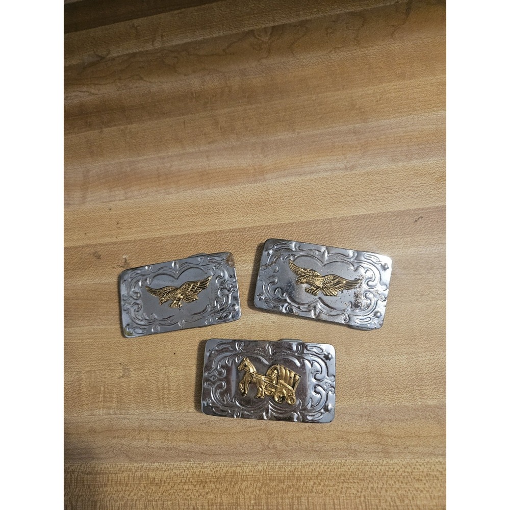 Set Of 3 Gold And Silver Plated Small Belt Buckles, 2 Eagles, 1 Covered Wagon